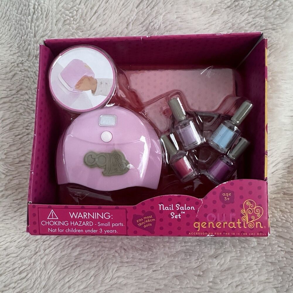 Our Generation Nail Salon Set For 18" Dolls Dryer 4 Bottles Polish Case